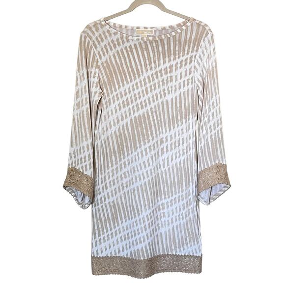 Michael Kors Dresses & Skirts - Michael Kors Dress Womens Small Beige White Tie Dye Crochet Trim Boho 3/4 Sleeve